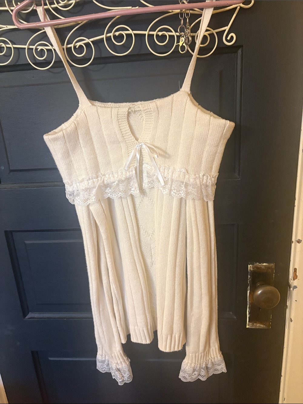 Off-Shoulder Cream Knit Lace-Trim Sweater Top